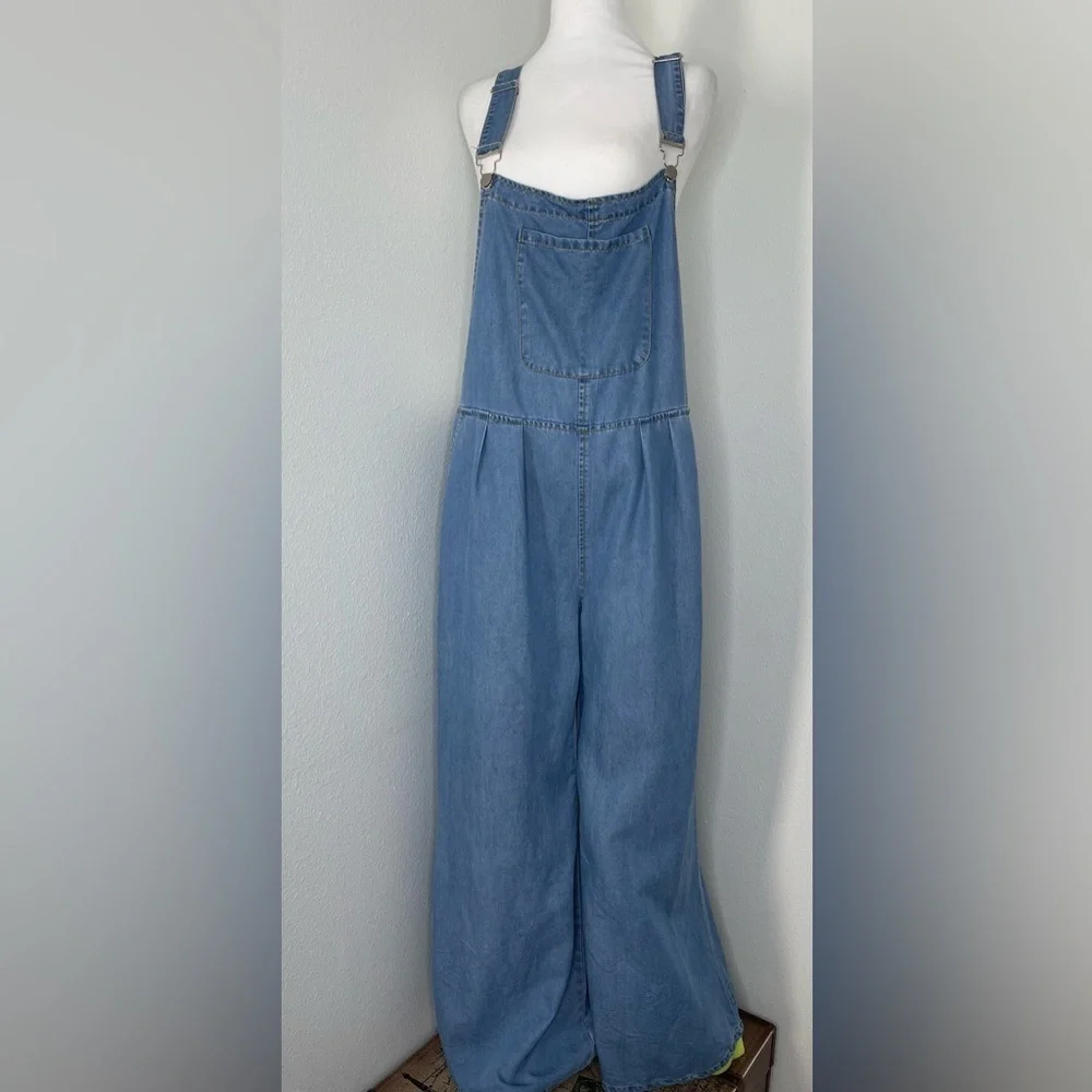 Boho Denim Wide Leg Chambray Overalls Jumpsuit Pockets Boho Summer Casual XXL